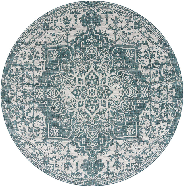 Teal 10' 8 x 10' 8 Jill Zarin Outdoor Round Area Rug Weather Resistant for Patio, Deck, Terrace, Balcony, Porch Durable 100% Polypropylene Carpet for Outside for Sale at Rug Engine