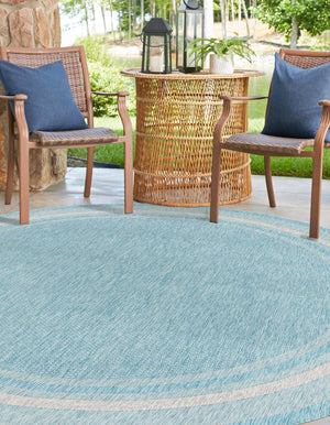 Aquamarine 13' 1 x 13' 1 Outdoor Border Round Area Rug Weather Resistant for Patio, Deck, Terrace, Balcony, Porch 100% Polypropylene Classic Bordered Carpet for Sale at Rug Engine