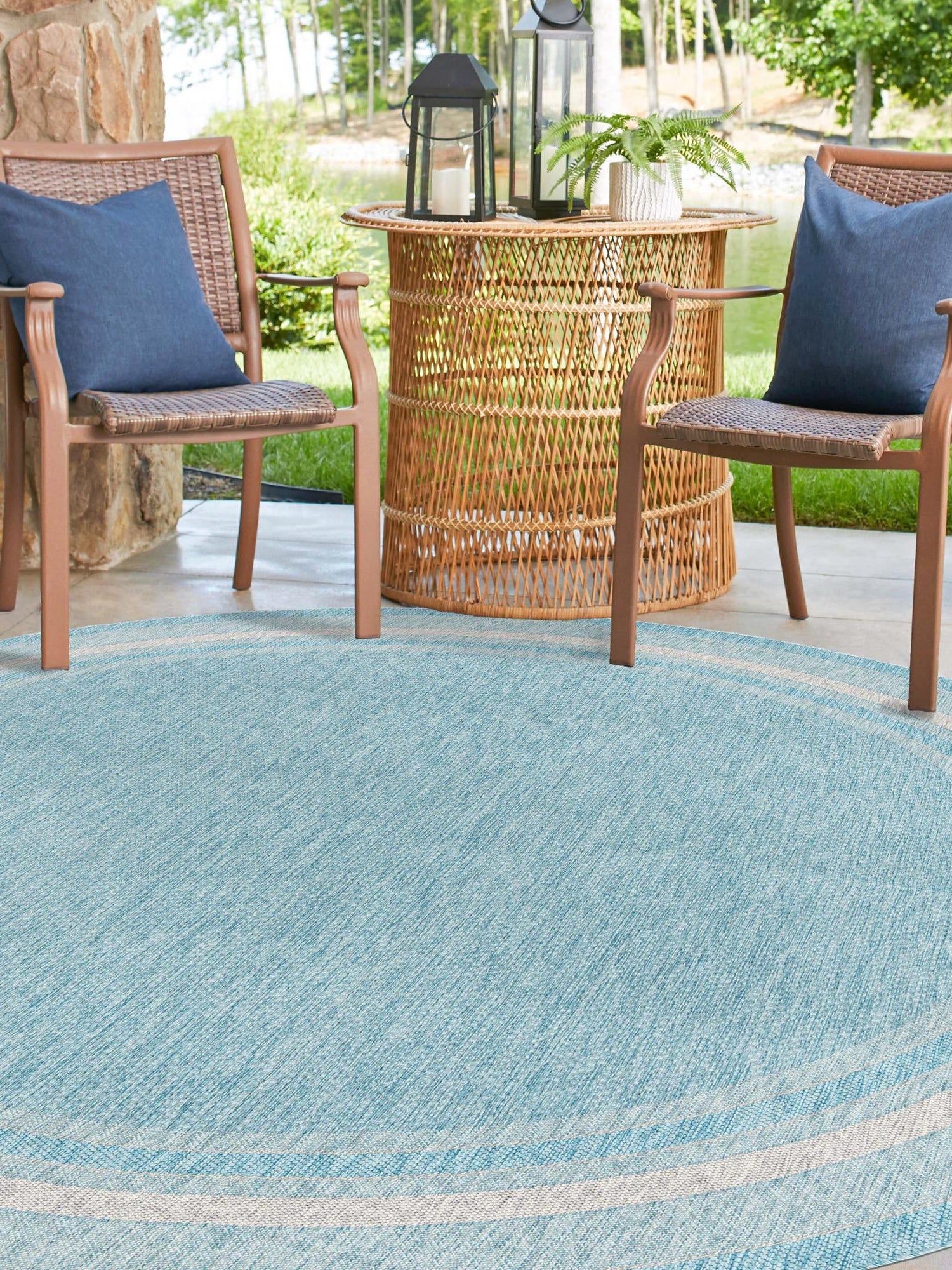 Aquamarine 10' 8 x 10' 8 Outdoor Border Round Area Rug Weather Resistant for Patio, Deck, Terrace, Balcony, Porch 100% Polypropylene Classic Bordered Carpet for Sale at Rug Engine