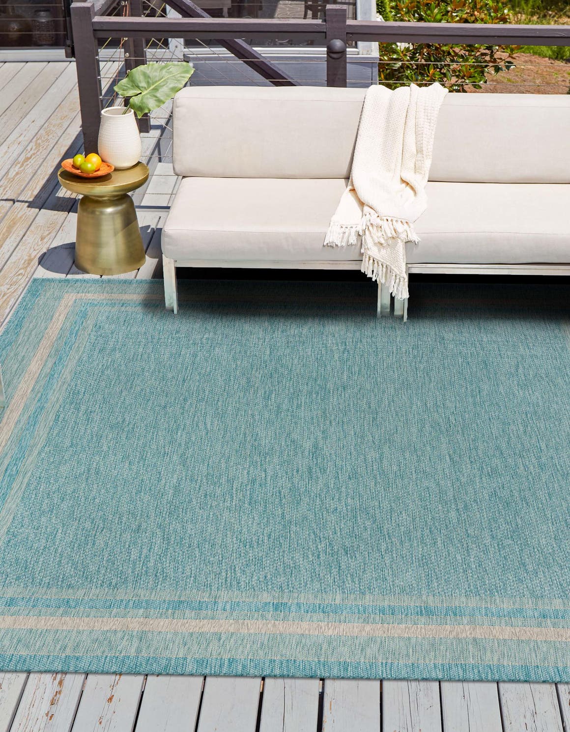 Aquamarine 10' 8 x 10' 8 Outdoor Border Square Area Rug Weather Resistant for Patio, Deck, Terrace, Balcony, Porch 100% Polypropylene Classic Bordered Carpet for Sale at Rug Engine