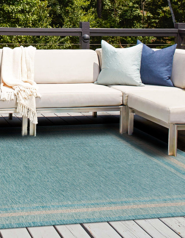 Aquamarine 10' 8 x 10' 8 Outdoor Border Square Area Rug Weather Resistant for Patio, Deck, Terrace, Balcony, Porch 100% Polypropylene Classic Bordered Carpet for Sale at Rug Engine