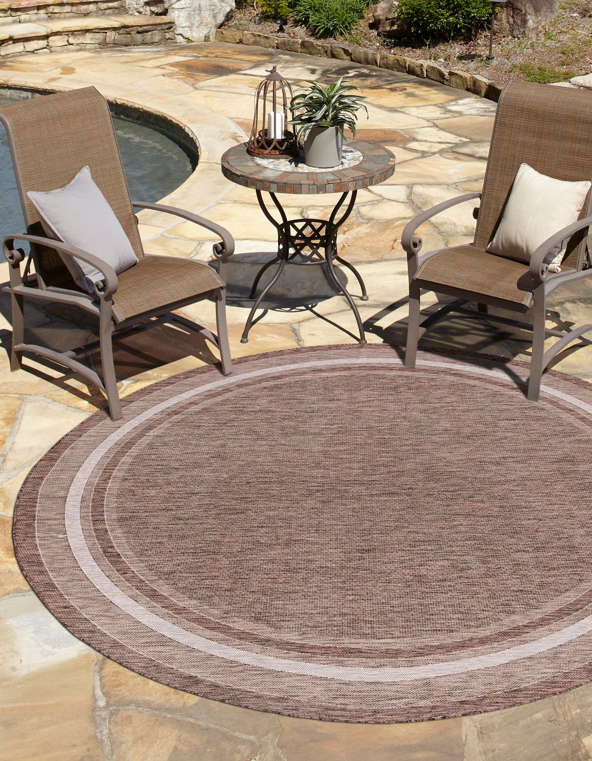 Brown 10' x 10' Outdoor Border Round Area Rug Weather Resistant for Patio, Deck, Terrace, Balcony, Porch 100% Polypropylene Classic Bordered Carpet for Sale at Rug Engine