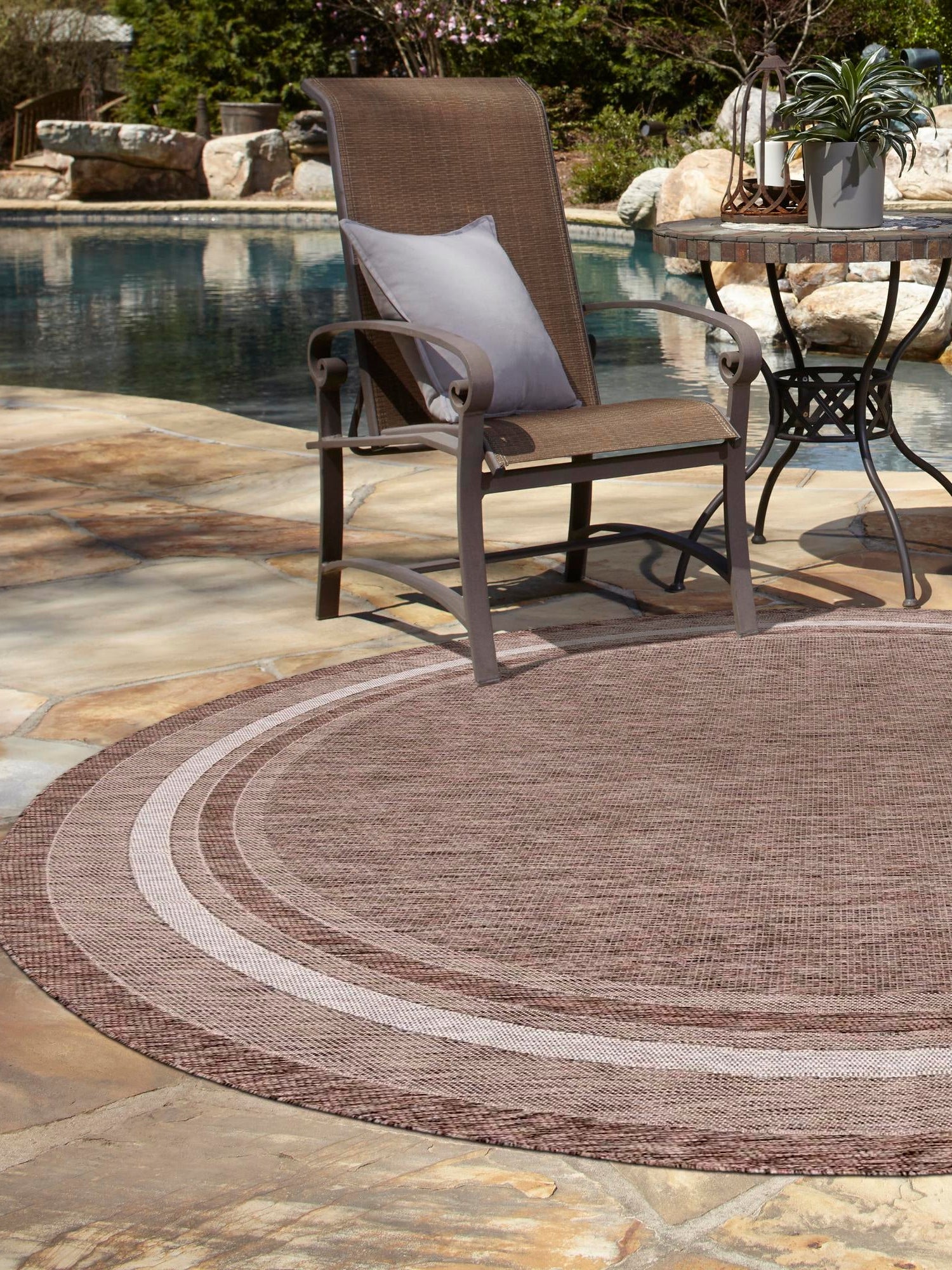 Brown 10' x 10' Outdoor Border Round Area Rug Weather Resistant for Patio, Deck, Terrace, Balcony, Porch 100% Polypropylene Classic Bordered Carpet for Sale at Rug Engine