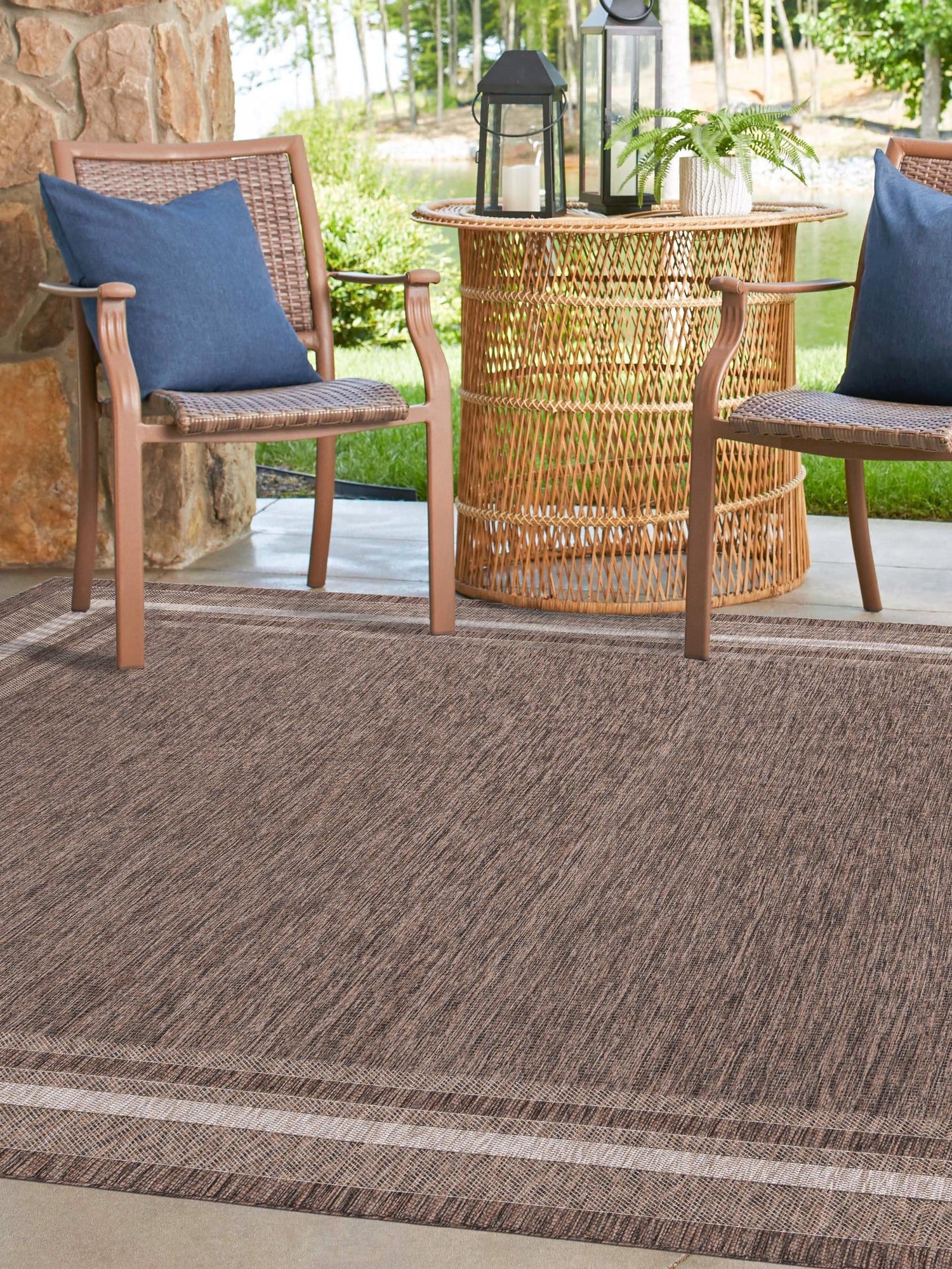 Brown 10' x 10' Outdoor Border Square Area Rug Weather Resistant for Patio, Deck, Terrace, Balcony, Porch 100% Polypropylene Classic Bordered Carpet for Sale at Rug Engine