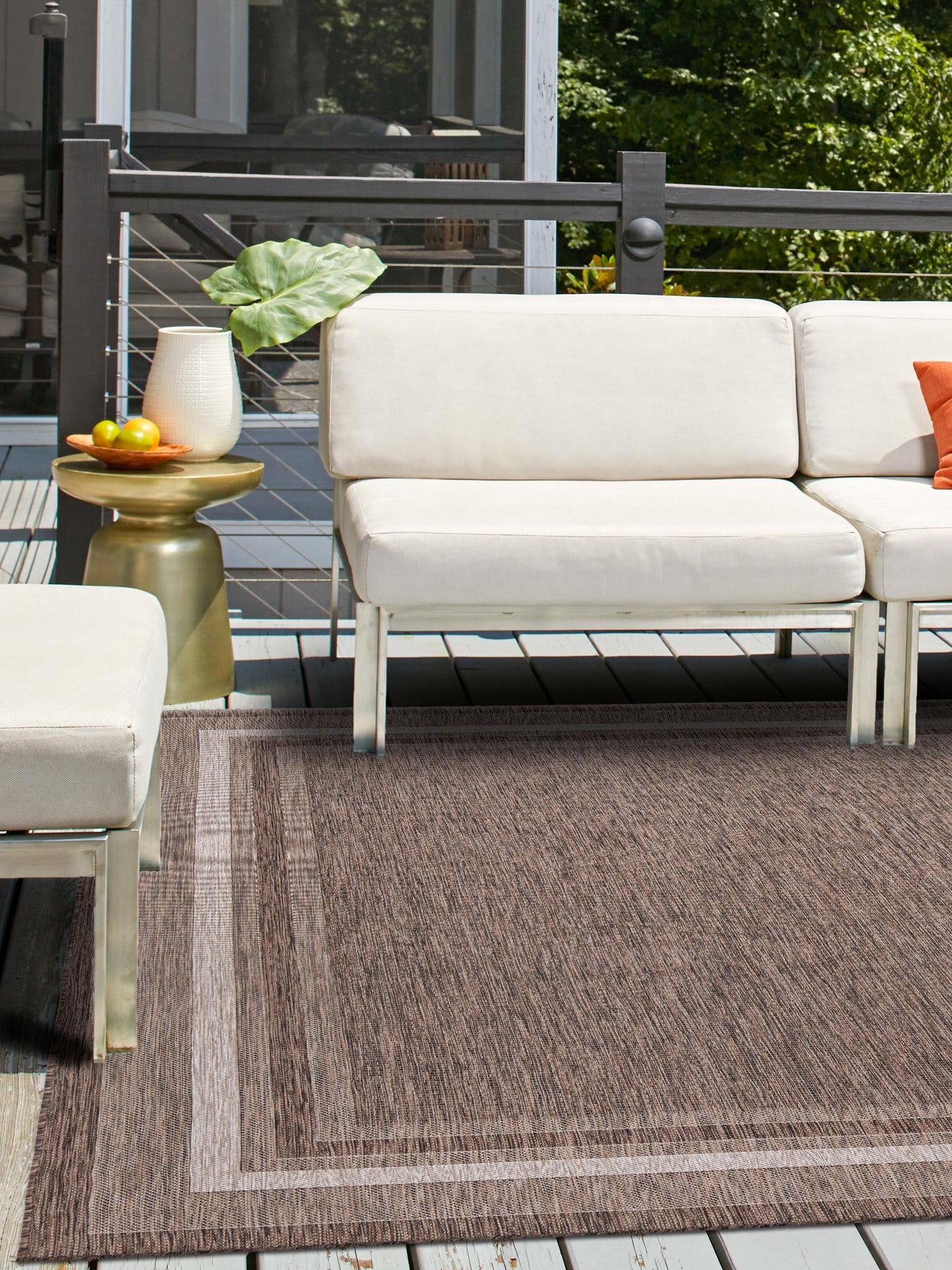 Brown 10' x 10' Outdoor Border Square Area Rug Weather Resistant for Patio, Deck, Terrace, Balcony, Porch 100% Polypropylene Classic Bordered Carpet for Sale at Rug Engine