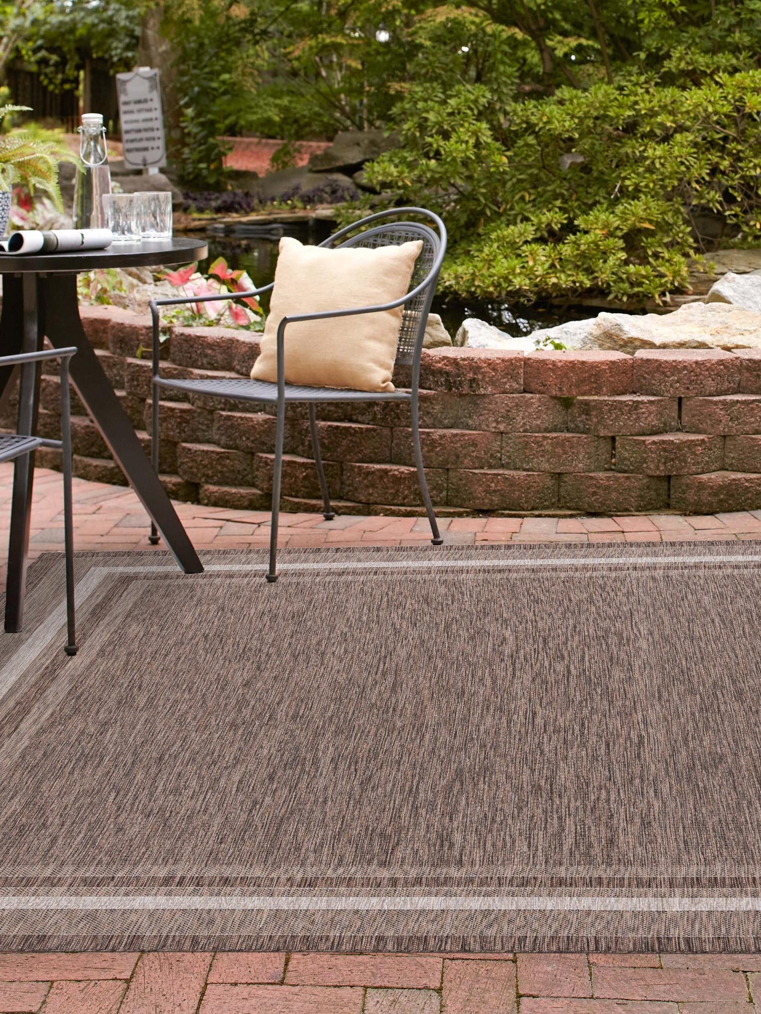 Brown 10' x 10' Outdoor Border Square Area Rug Weather Resistant for Patio, Deck, Terrace, Balcony, Porch 100% Polypropylene Classic Bordered Carpet for Sale at Rug Engine