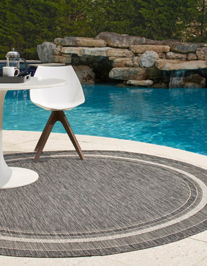 Black 13' 1 x 13' 1 Outdoor Border Round Area Rug Weather Resistant for Patio, Deck, Terrace, Balcony, Porch 100% Polypropylene Classic Bordered Carpet for Sale at Rug Engine