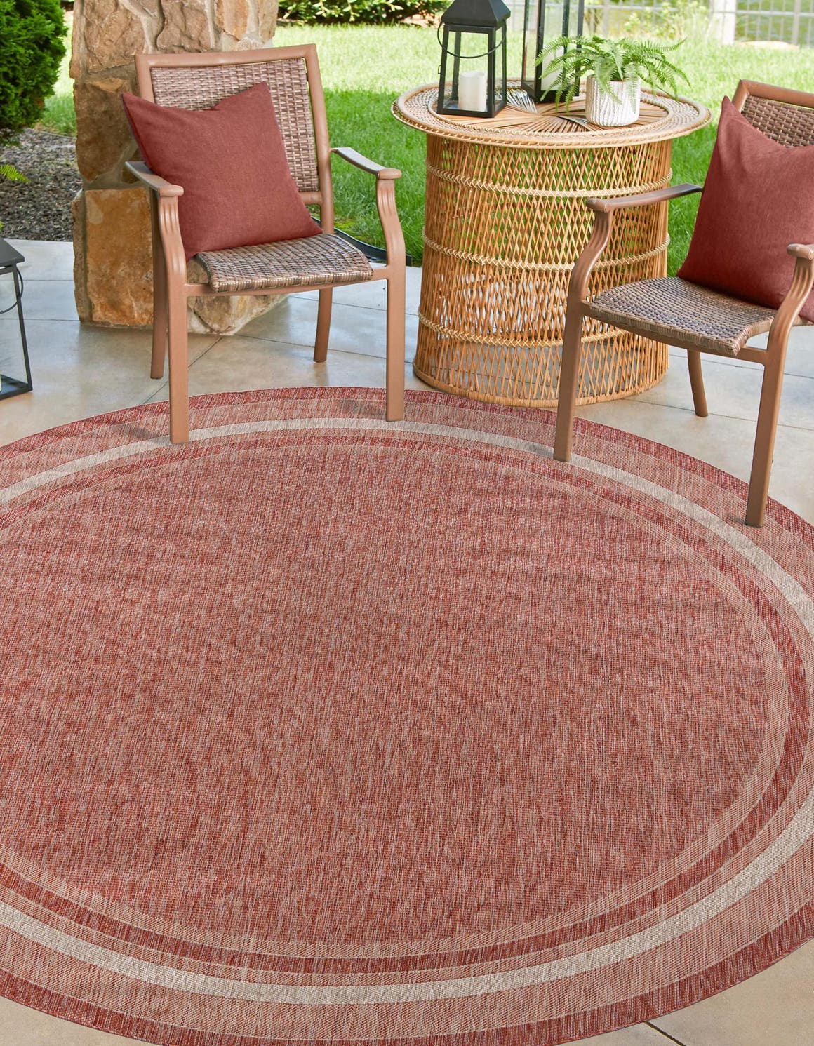 Rust Red 13' 1 x 13' 1 Outdoor Border Round Area Rug Weather Resistant for Patio, Deck, Terrace, Balcony, Porch 100% Polypropylene Classic Bordered Carpet for Sale at Rug Engine