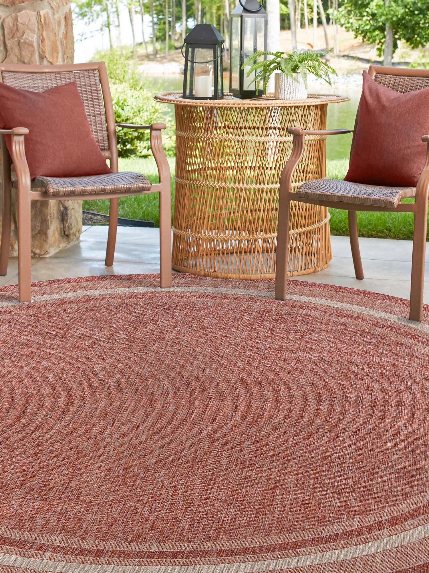 Rust Red 10' x 10' Outdoor Border Round Area Rug Weather Resistant for Patio, Deck, Terrace, Balcony, Porch 100% Polypropylene Classic Bordered Carpet for Sale at Rug Engine