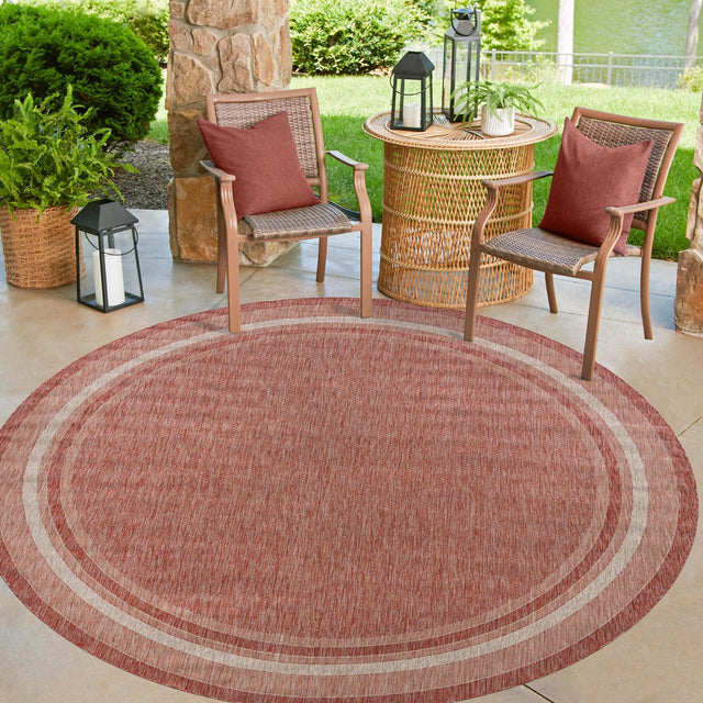 Rust Red 6' 1 x 6' 1 Outdoor Border Round Area Rug Weather Resistant for Patio, Deck, Terrace, Balcony, Porch 100% Polypropylene Classic Bordered Carpet for Sale at Rug Engine