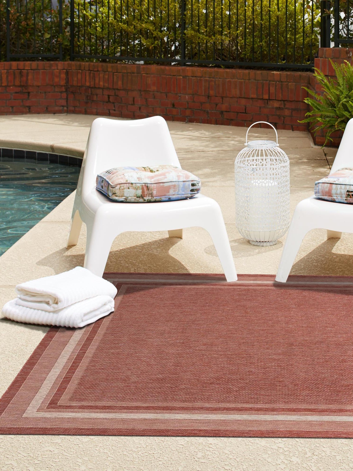 Rust Red 7' 10 x 7' 10 Outdoor Border Square Area Rug Weather Resistant for Patio, Deck, Terrace, Balcony, Porch 100% Polypropylene Classic Bordered Carpet for Sale at Rug Engine