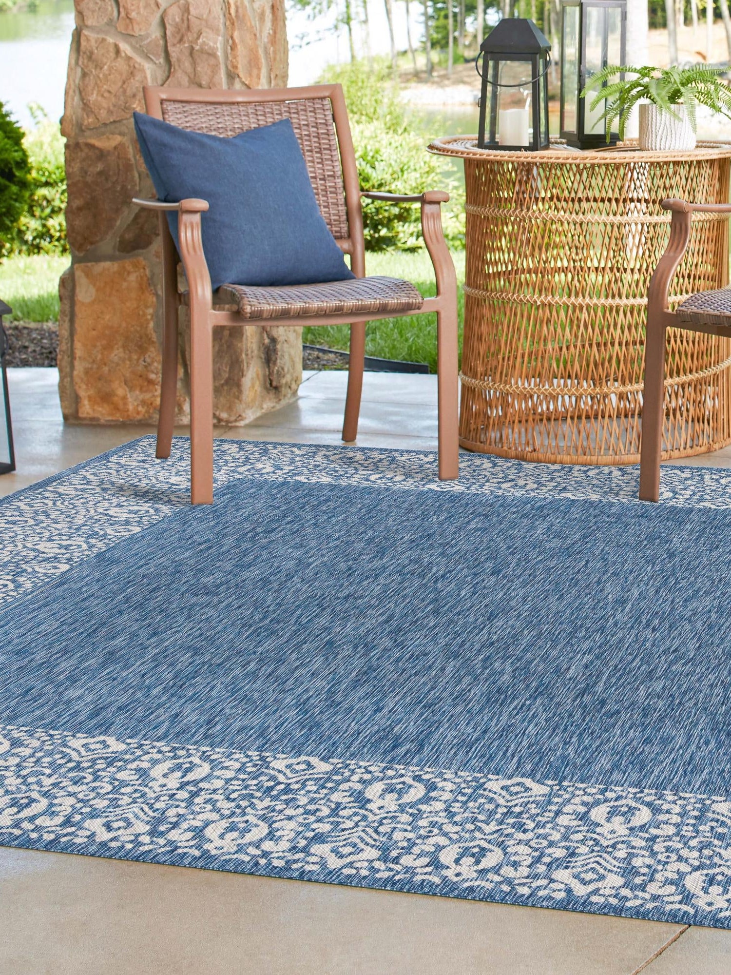 Blue 10' 8 x 10' 8 Outdoor Border Square Area Rug Weather Resistant for Patio, Deck, Terrace, Balcony, Porch 100% Polypropylene Classic Bordered Carpet for Sale at Rug Engine
