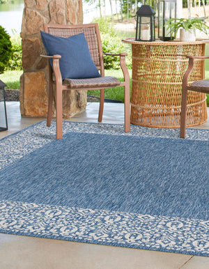 Blue 10' 8 x 10' 8 Outdoor Border Square Area Rug Weather Resistant for Patio, Deck, Terrace, Balcony, Porch 100% Polypropylene Classic Bordered Carpet for Sale at Rug Engine