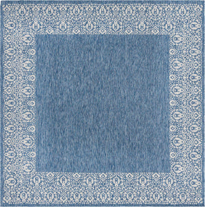 Blue 10' 8 x 10' 8 Outdoor Border Square Area Rug Weather Resistant for Patio, Deck, Terrace, Balcony, Porch 100% Polypropylene Classic Bordered Carpet for Sale at Rug Engine