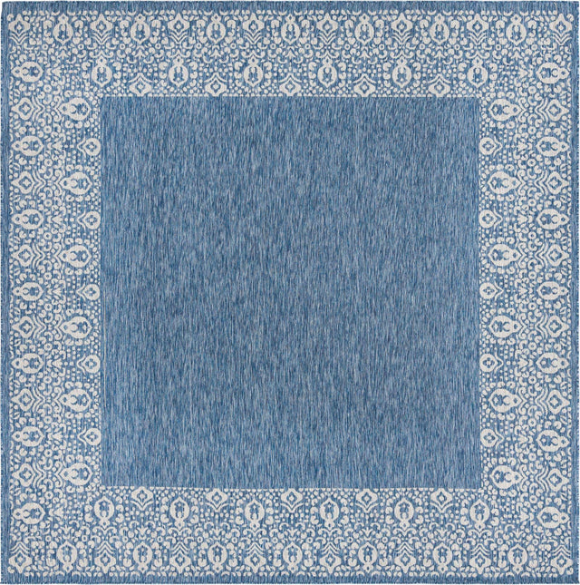 Blue 10' 8 x 10' 8 Outdoor Border Square Area Rug Weather Resistant for Patio, Deck, Terrace, Balcony, Porch 100% Polypropylene Classic Bordered Carpet for Sale at Rug Engine