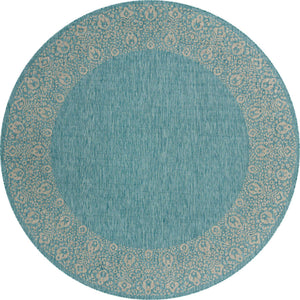 Aqua 10' 8 x 10' 8 Outdoor Border Round Area Rug Weather Resistant for Patio, Deck, Terrace, Balcony, Porch 100% Polypropylene Classic Bordered Carpet for Sale at Rug Engine