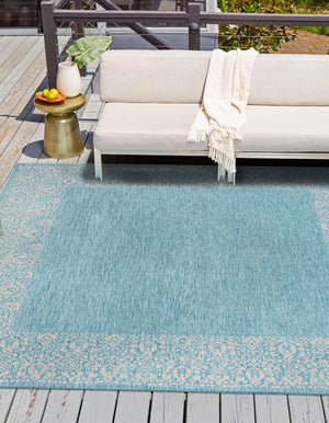 Aqua 13' 1 x 13' 1 Outdoor Border Square Area Rug Weather Resistant for Patio, Deck, Terrace, Balcony, Porch 100% Polypropylene Classic Bordered Carpet for Sale at Rug Engine