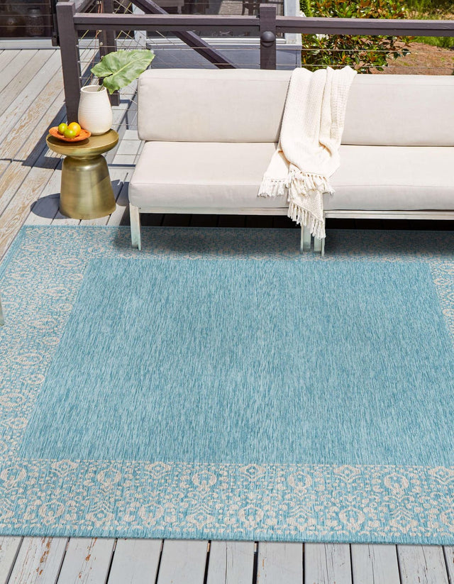 Aqua 10' 8 x 10' 8 Outdoor Border Square Area Rug Weather Resistant for Patio, Deck, Terrace, Balcony, Porch 100% Polypropylene Classic Bordered Carpet for Sale at Rug Engine
