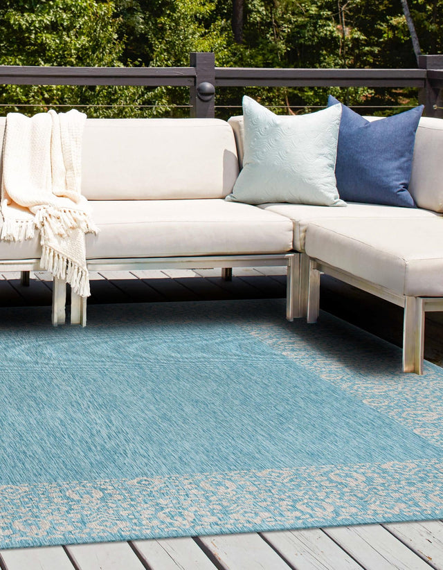 Aqua 13' 1 x 13' 1 Outdoor Border Square Area Rug Weather Resistant for Patio, Deck, Terrace, Balcony, Porch 100% Polypropylene Classic Bordered Carpet for Sale at Rug Engine
