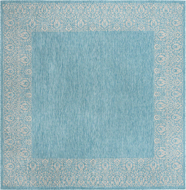 Aqua 10' 8 x 10' 8 Outdoor Border Square Area Rug Weather Resistant for Patio, Deck, Terrace, Balcony, Porch 100% Polypropylene Classic Bordered Carpet for Sale at Rug Engine