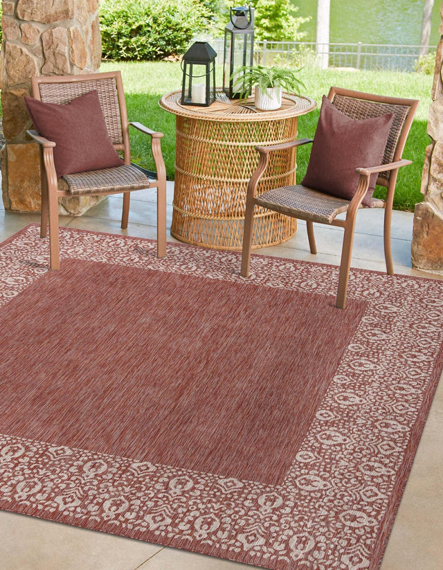 Rust Red 13' 1 x 13' 1 Outdoor Border Square Area Rug Weather Resistant for Patio, Deck, Terrace, Balcony, Porch 100% Polypropylene Classic Bordered Carpet for Sale at Rug Engine