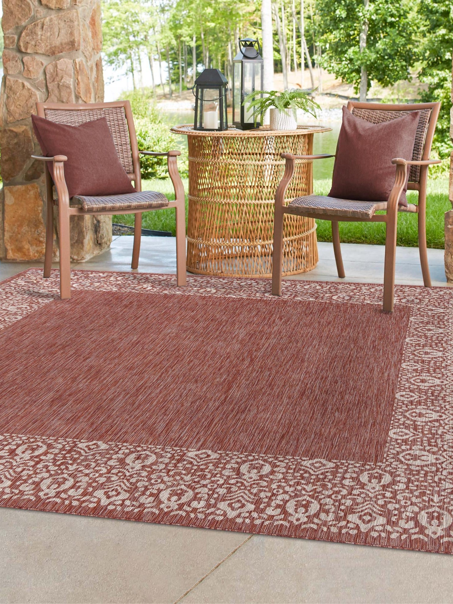 Rust Red 13' 1 x 13' 1 Outdoor Border Square Area Rug Weather Resistant for Patio, Deck, Terrace, Balcony, Porch 100% Polypropylene Classic Bordered Carpet for Sale at Rug Engine