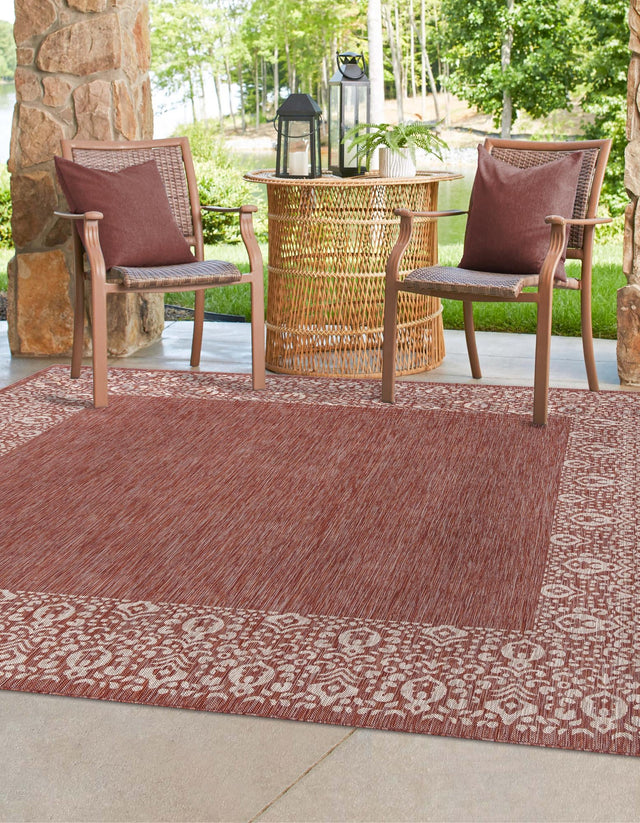 Rust Red 13' 1 x 13' 1 Outdoor Border Square Area Rug Weather Resistant for Patio, Deck, Terrace, Balcony, Porch 100% Polypropylene Classic Bordered Carpet for Sale at Rug Engine