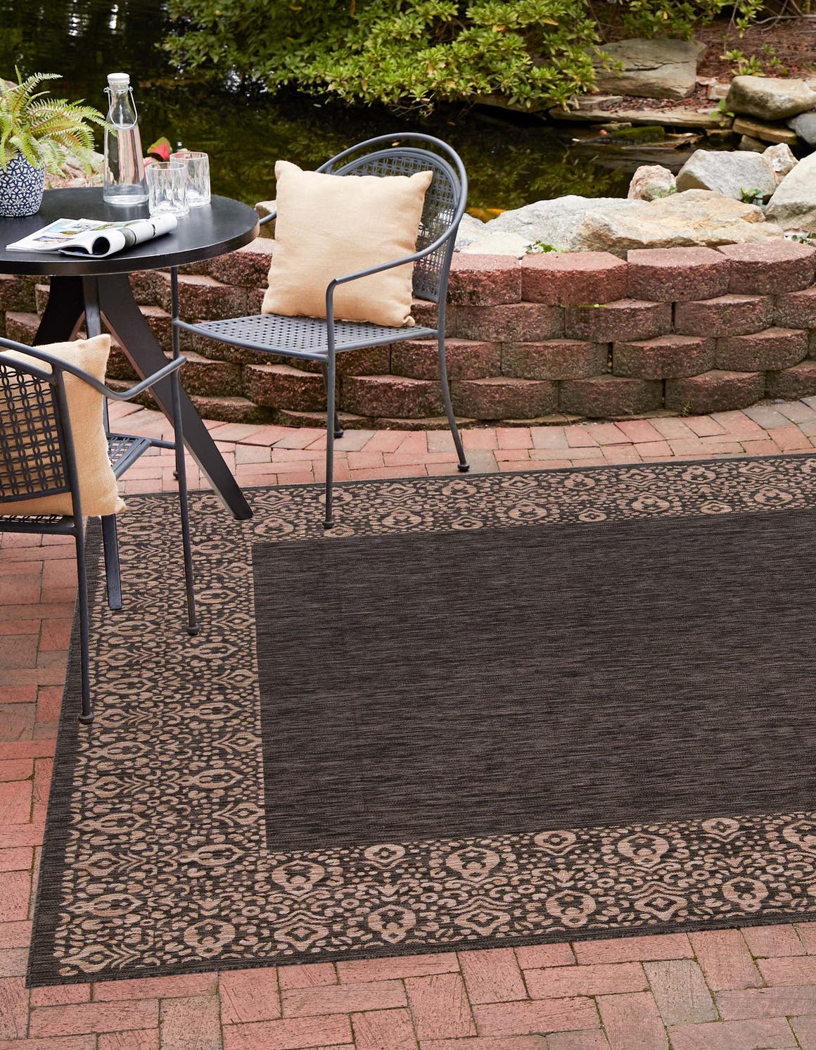 Charcoal Gray 10' 8 x 10' 8 Outdoor Border Square Area Rug Weather Resistant for Patio, Deck, Terrace, Balcony, Porch 100% Polypropylene Classic Bordered Carpet for Sale at Rug Engine