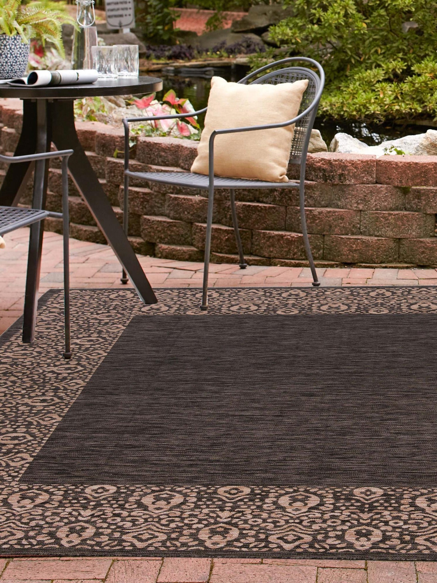 Charcoal Gray 10' 8 x 10' 8 Outdoor Border Square Area Rug Weather Resistant for Patio, Deck, Terrace, Balcony, Porch 100% Polypropylene Classic Bordered Carpet for Sale at Rug Engine
