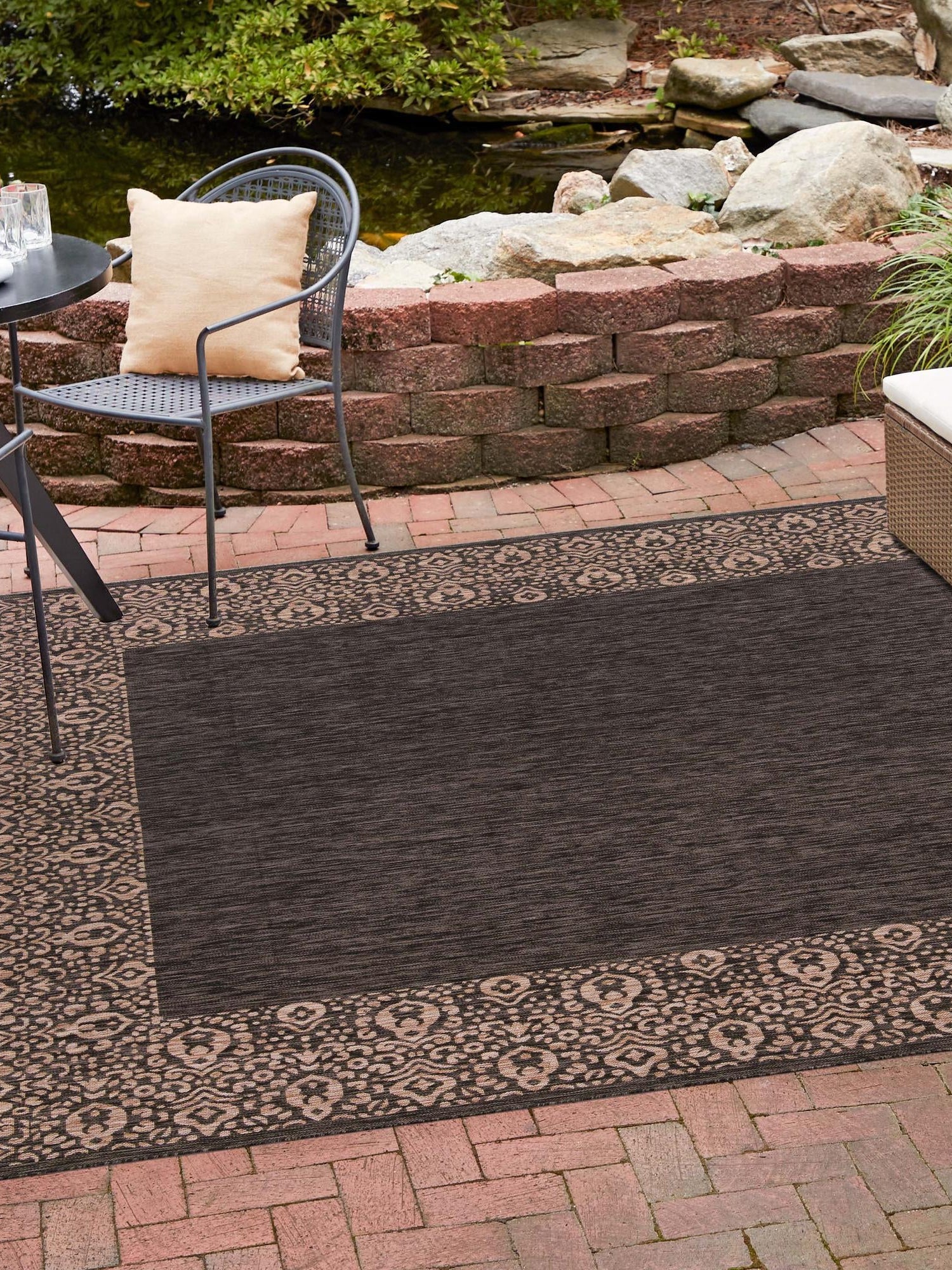 Charcoal Gray 10' 8 x 10' 8 Outdoor Border Square Area Rug Weather Resistant for Patio, Deck, Terrace, Balcony, Porch 100% Polypropylene Classic Bordered Carpet for Sale at Rug Engine