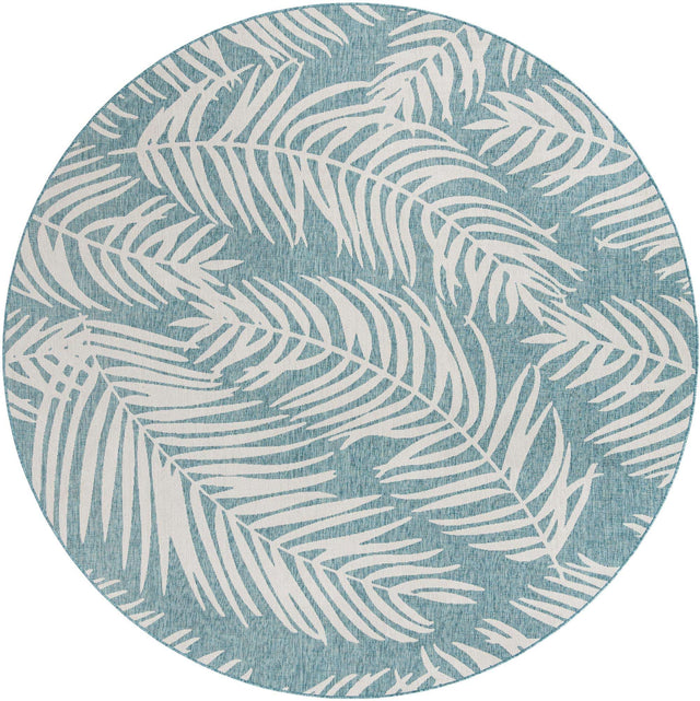 Light Aqua 10' 8 x 10' 8 Outdoor Botanical Round Area Rug Weather Resistant for Patio, Deck, Terrace, Balcony, Porch Polypropylene Garden Floral Tropical Carpet for Sale at Rug Engine