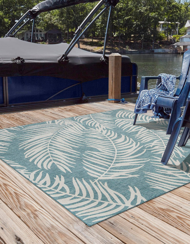 Light Aqua 10' 8 x 10' 8 Outdoor Botanical Square Area Rug Weather Resistant for Patio, Deck, Terrace, Balcony, Porch Polypropylene Garden Floral Tropical Carpet for Sale at Rug Engine