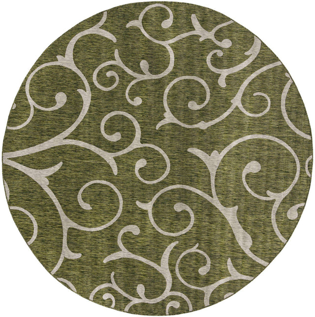 Green 10' 8 x 10' 8 Outdoor Botanical Round Area Rug Weather Resistant for Patio, Deck, Terrace, Balcony, Porch Polypropylene Garden Floral Tropical Carpet for Sale at Rug Engine
