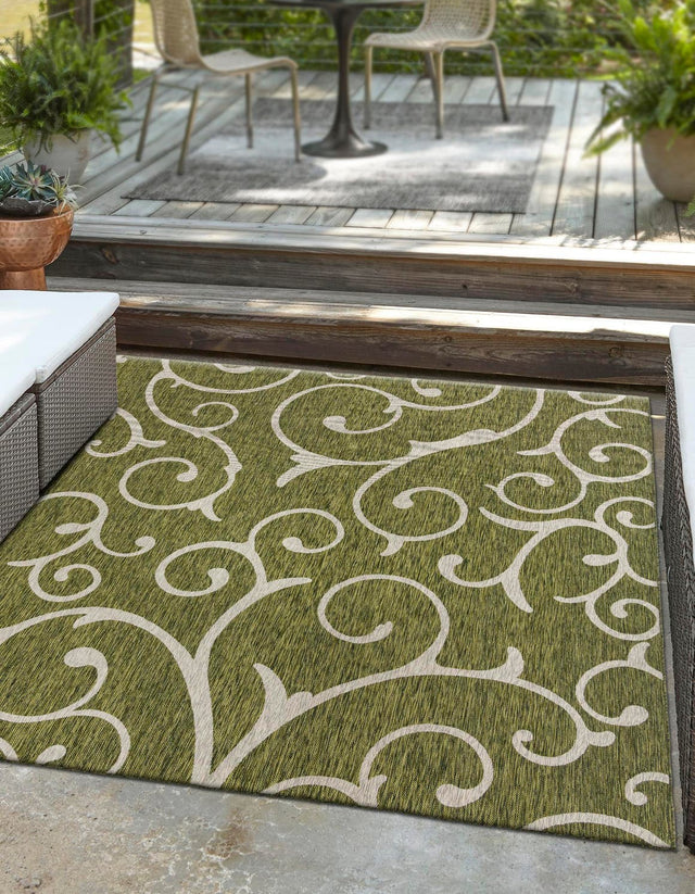 Green 10' 8 x 10' 8 Outdoor Botanical Square Area Rug Weather Resistant for Patio, Deck, Terrace, Balcony, Porch Polypropylene Garden Floral Tropical Carpet for Sale at Rug Engine
