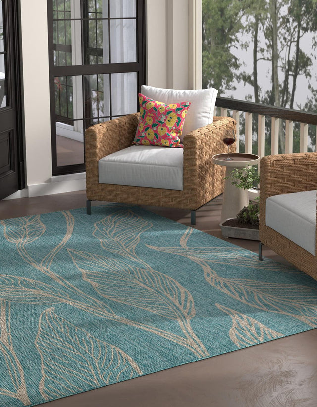 Light Aqua 13' 1 x 13' 1 Outdoor Botanical Square Area Rug Weather Resistant for Patio, Deck, Terrace, Balcony, Porch Polypropylene Garden Floral Tropical Carpet for Sale at Rug Engine