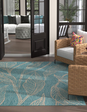 Light Aqua 13' 1 x 13' 1 Outdoor Botanical Square Area Rug Weather Resistant for Patio, Deck, Terrace, Balcony, Porch Polypropylene Garden Floral Tropical Carpet for Sale at Rug Engine