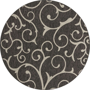 Charcoal Gray 10' 8 x 10' 8 Outdoor Botanical Round Area Rug Weather Resistant for Patio, Deck, Terrace, Balcony, Porch Polypropylene Garden Floral Tropical Carpet for Sale at Rug Engine
