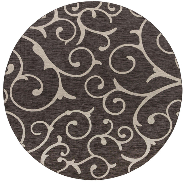 Charcoal Gray 13' 1 x 13' 1 Outdoor Botanical Round Area Rug Weather Resistant for Patio, Deck, Terrace, Balcony, Porch Polypropylene Garden Floral Tropical Carpet for Sale at Rug Engine