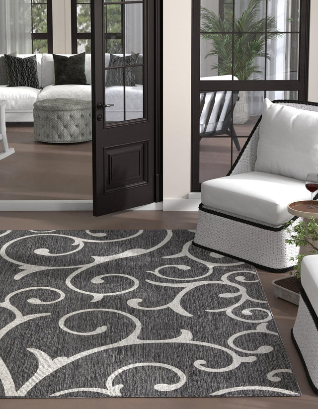 Charcoal Gray 13' 1 x 13' 1 Outdoor Botanical Square Area Rug Weather Resistant for Patio, Deck, Terrace, Balcony, Porch Polypropylene Garden Floral Tropical Carpet for Sale at Rug Engine