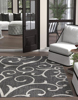Charcoal Gray 10' 8 x 10' 8 Outdoor Botanical Square Area Rug Weather Resistant for Patio, Deck, Terrace, Balcony, Porch Polypropylene Garden Floral Tropical Carpet for Sale at Rug Engine