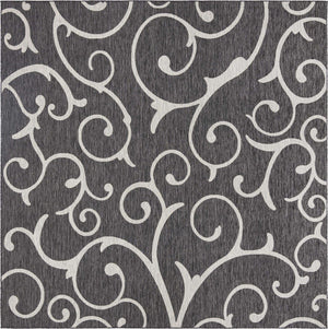 Charcoal Gray 10' 8 x 10' 8 Outdoor Botanical Square Area Rug Weather Resistant for Patio, Deck, Terrace, Balcony, Porch Polypropylene Garden Floral Tropical Carpet for Sale at Rug Engine