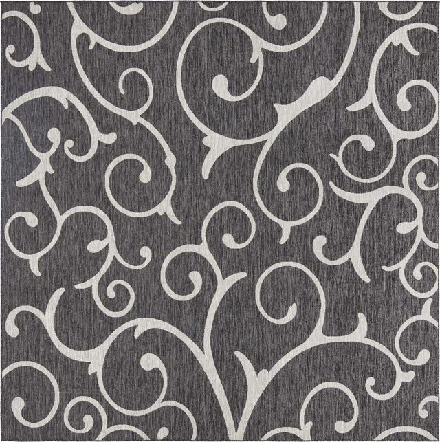 Charcoal Gray 10' 8 x 10' 8 Outdoor Botanical Square Area Rug Weather Resistant for Patio, Deck, Terrace, Balcony, Porch Polypropylene Garden Floral Tropical Carpet for Sale at Rug Engine
