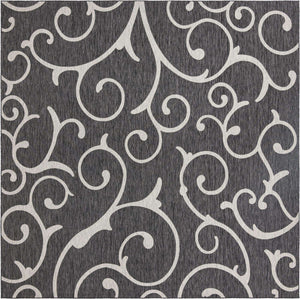 Charcoal Gray 13' 1 x 13' 1 Outdoor Botanical Square Area Rug Weather Resistant for Patio, Deck, Terrace, Balcony, Porch Polypropylene Garden Floral Tropical Carpet for Sale at Rug Engine