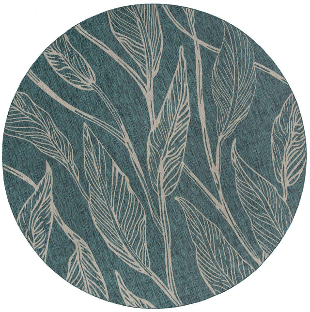 Teal 13' 1 x 13' 1 Outdoor Botanical Round Area Rug Weather Resistant for Patio, Deck, Terrace, Balcony, Porch Polypropylene Garden Floral Tropical Carpet for Sale at Rug Engine