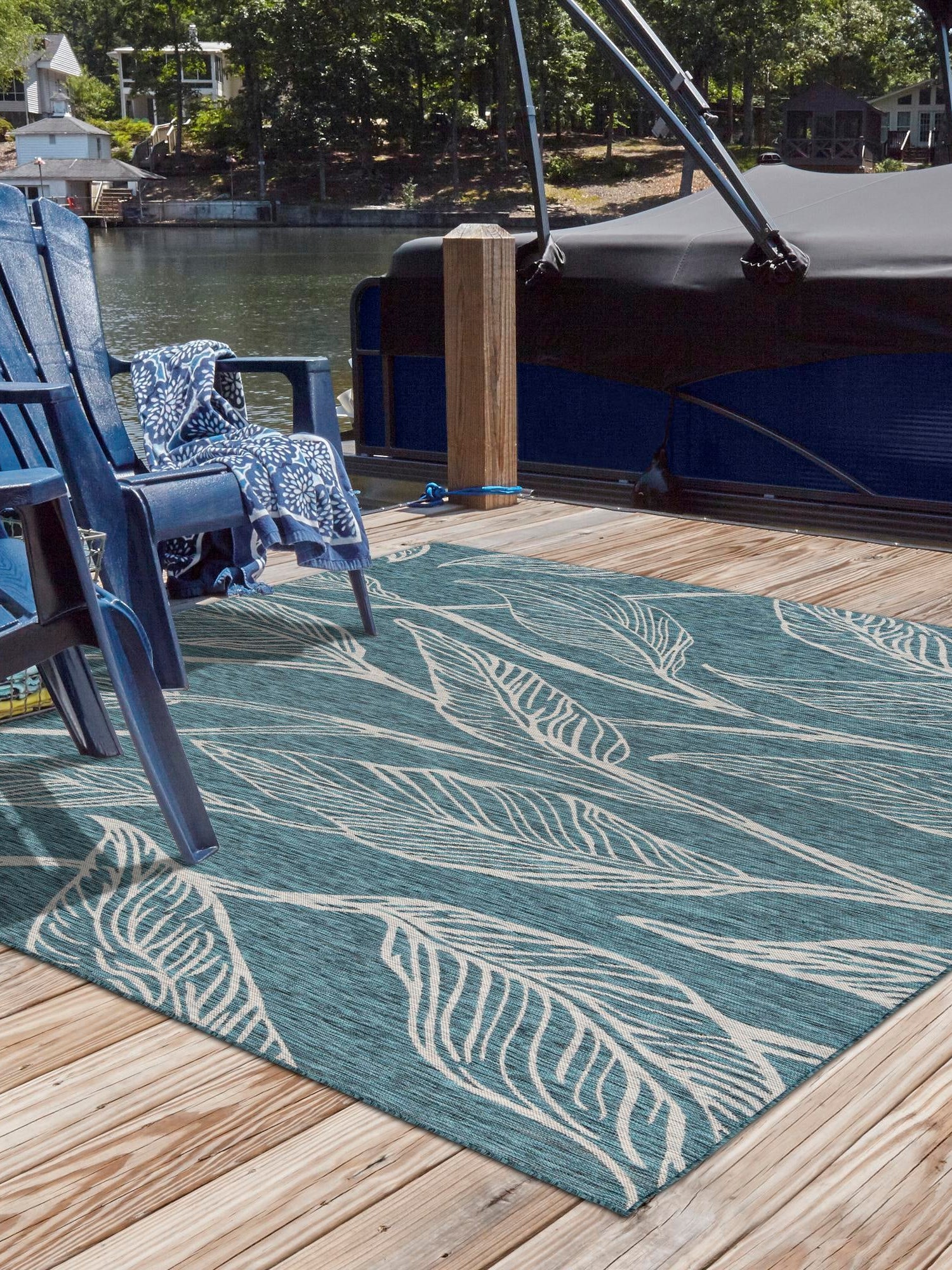 Teal 10' 8 x 10' 8 Outdoor Botanical Square Area Rug Weather Resistant for Patio, Deck, Terrace, Balcony, Porch Polypropylene Garden Floral Tropical Carpet for Sale at Rug Engine