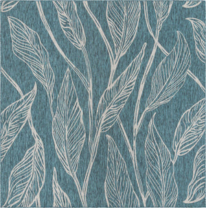 Teal 10' 8 x 10' 8 Outdoor Botanical Square Area Rug Weather Resistant for Patio, Deck, Terrace, Balcony, Porch Polypropylene Garden Floral Tropical Carpet for Sale at Rug Engine