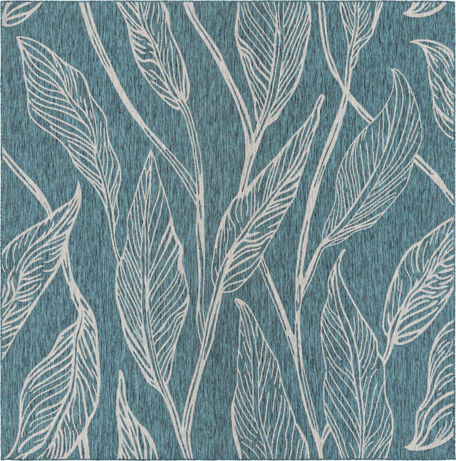 Teal 10' 8 x 10' 8 Outdoor Botanical Square Area Rug Weather Resistant for Patio, Deck, Terrace, Balcony, Porch Polypropylene Garden Floral Tropical Carpet for Sale at Rug Engine