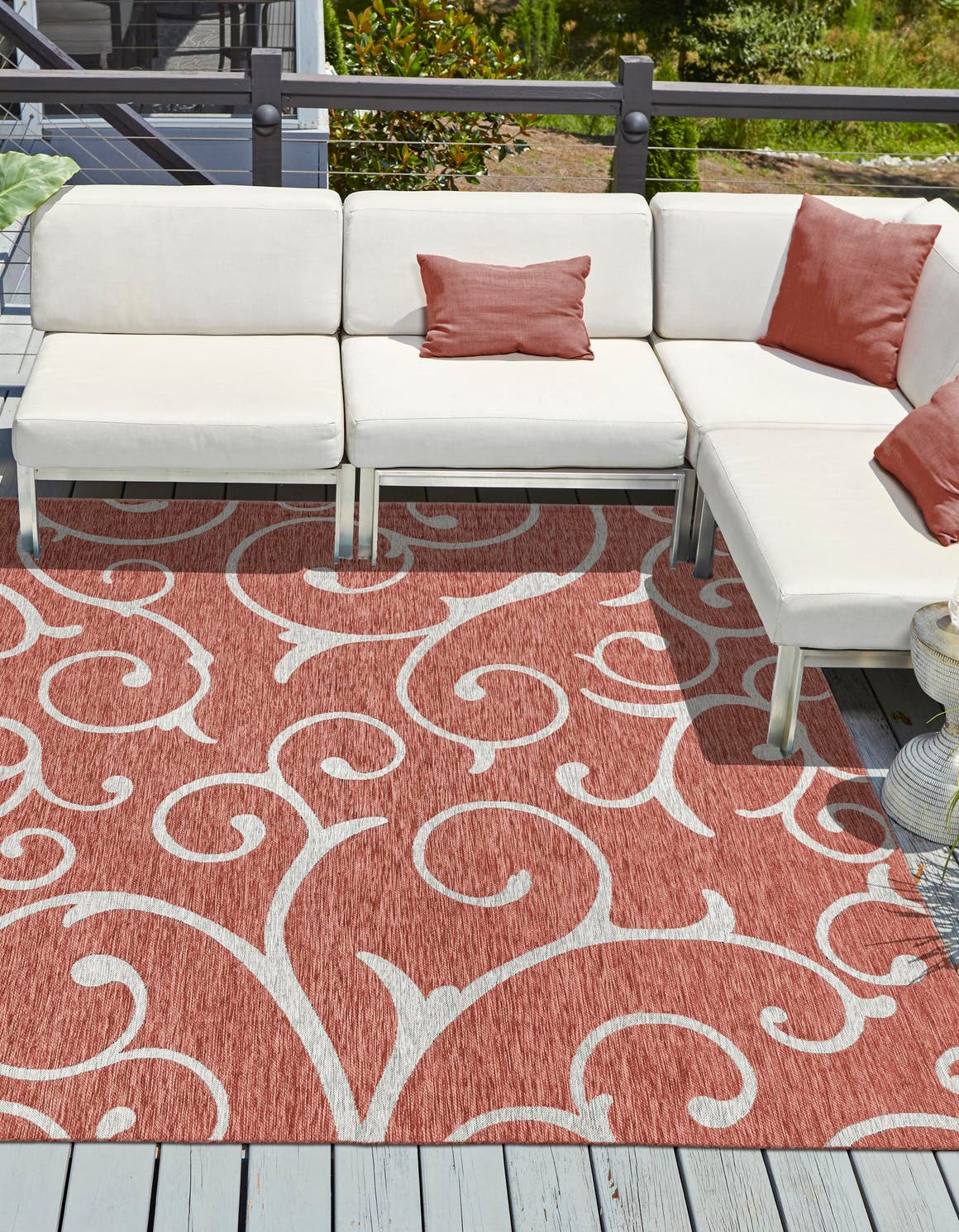 Rust Red 13' 1 x 13' 1 Outdoor Botanical Square Area Rug Weather Resistant for Patio, Deck, Terrace, Balcony, Porch Polypropylene Garden Floral Tropical Carpet for Sale at Rug Engine
