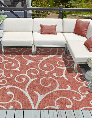 Rust Red 13' 1 x 13' 1 Outdoor Botanical Square Area Rug Weather Resistant for Patio, Deck, Terrace, Balcony, Porch Polypropylene Garden Floral Tropical Carpet for Sale at Rug Engine