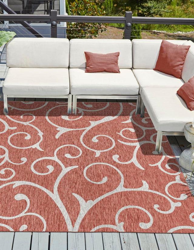 Rust Red 13' 1 x 13' 1 Outdoor Botanical Square Area Rug Weather Resistant for Patio, Deck, Terrace, Balcony, Porch Polypropylene Garden Floral Tropical Carpet for Sale at Rug Engine
